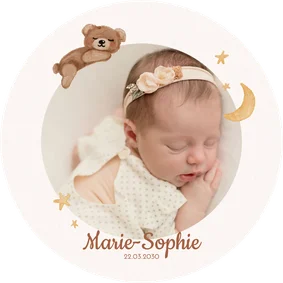 Runde Geburtskarte Foto Teddybär Mond und Sterne