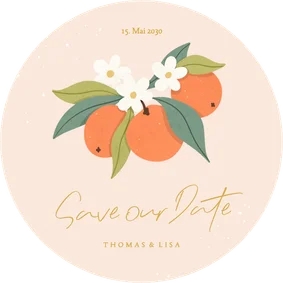 Runde Save-the-Date-Karte Orangenblüten Hochzeitsreise