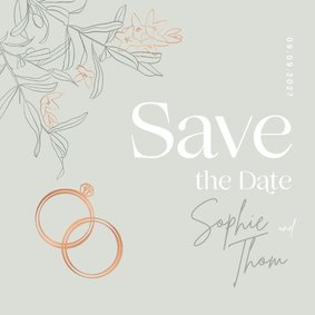 Save-the-Date-Karte Blüten & Ringe kupfer