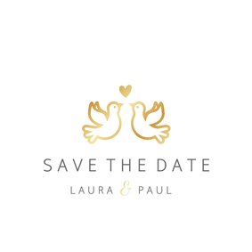 Save-the-Date-Karte Hochzeit mit goldenen Tauben und Herz