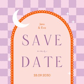 Save the Date Karte Lila Kariert mit Bogen