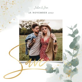 Save-the-Date-Karte zur Hochzeit Eukalyptus, Gold & Foto