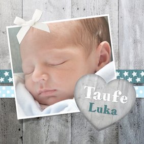 Taufeinladung Foto und Holzherz blaue Bänder