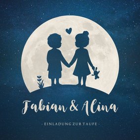 Taufeinladung Zwilling Junge Mädchen Silhouette mit Mond