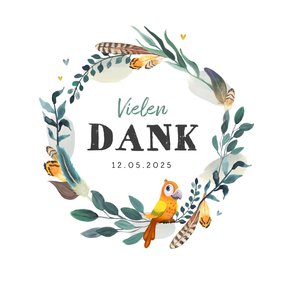 Taufkarte Danke Feder-Blumenkranz und Vogel