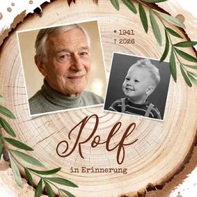 Trauerkarte Fotocollage Holzstamm mit Zweigen Trauerfeier