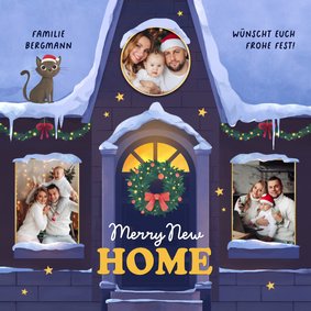 Umzugskarte Weihnachtshaus im Schnee Fotocollage