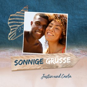 Urlaubskarte Sonnige Grüße mit Foto Strand Meer Muschel