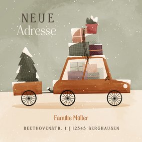 Weihnachts-Umzugskarte mit Auto und Anhänger