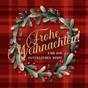 Weihnachtsgrußkarte Kranz auf Tartanmuster