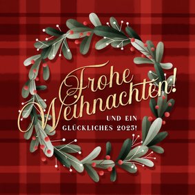 Weihnachtsgrußkarte Kranz auf Tartanmuster