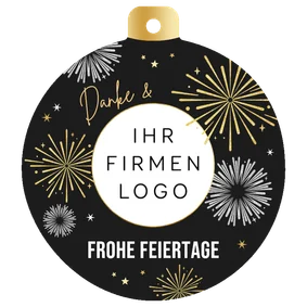 Weihnachtskarte Danke Weihnachtskugel mit Logo und Feuerwerk