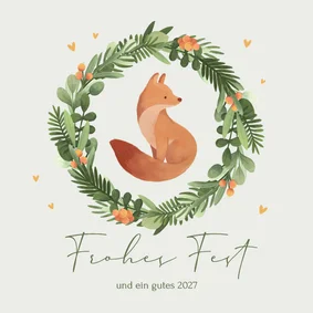 Weihnachtskarte kleiner Fuchs im Weihnachtskranz