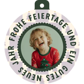 Weihnachtskarte Kugelform Karomuster lila mit Foto