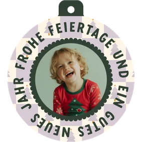 Weihnachtskarte Kugelform Karomuster lila mit Foto