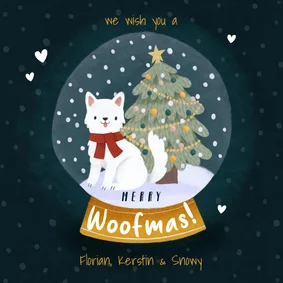 Weihnachtskarte 'Merry Woofmas' Hund in Schneekugel