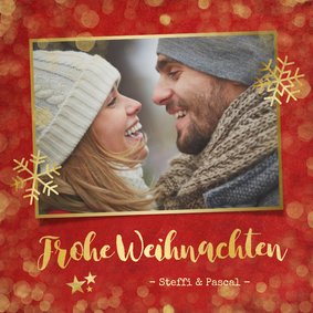 Weihnachtskarte rot mit Goldkonfetti und Fotos