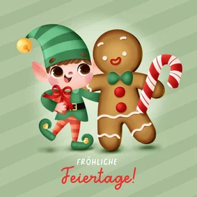 Weihnachtskarte Weihnachtself und Lebkuchenmännchen