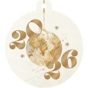 Weihnachtskugel-Karte mit Weltkarte 2026 beige gold