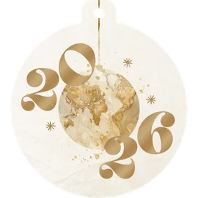 Weihnachtskugel-Karte mit Weltkarte 2027 beige gold