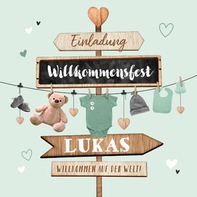 Willkommensfest Einladung grün Schilder & Wäscheleine