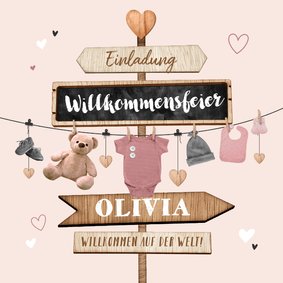 Willkommensfest Einladung rosa Schilder & Wäscheleine