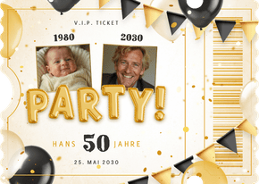Foto-Geburtstagseinladung Ticket Party Luftballons Wimpel