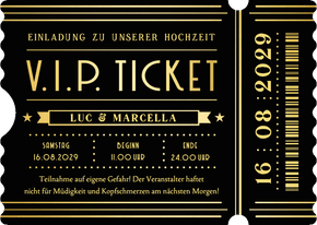 Hochzeitseinladung Ticketform schwarz-gold Artdeco 