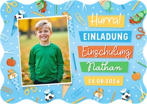 Blaue Foto-Einladung 1. Schultag Wellenform bunte Symbole