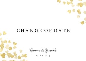 Change-of-date-Karte zur Hochzeit Goldene Herzen