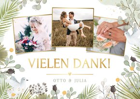 Dankeskarte Fotocollage Hochzeitstauben grüne Zweige