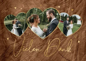 Dankeskarte Hochzeit Fotoherzen & Goldschrift auf Holz