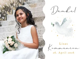 Danksagung Kommunion Fotokarte weiße Taube Sternchen