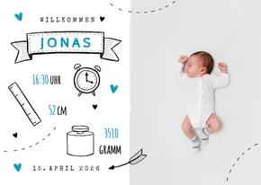 Danksagung zur Geburt Foto und Doodles blau