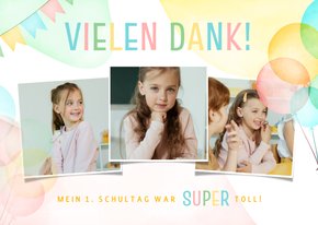 Danksagungskarte 1. Schultag Fotos & bunte Luftballons