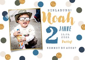 Einladung 2. Kindergeburtstag blaue Konfetti und Foto