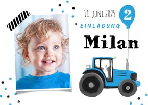 Einladung 2. Kindergeburtstag blauer Traktor und Foto