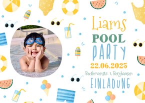 Einladung 7. Kindergeburtstag Pool Party Junge rundes Foto