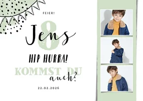 Einladung 8. Kindergeburtstag mit 3 Fotos und Konfetti