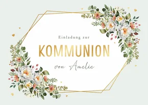 Einladung Kommunion Blumenbukett Golddruck