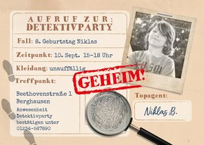 Einladung zum 8. Kindergeburtstag Detektivparty