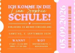 Einladung zur Einschulung Ticket Colourblocking pink-orange