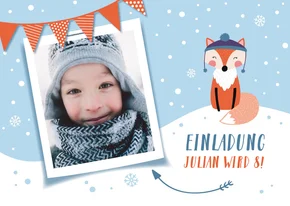 Einladungskarte 8. Kindergeburtstag Schneefuchs