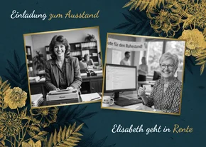Einladungskarte Ausstand Fotocollage blau goldene Blumen