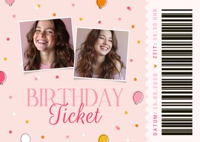 Einladungskarte Geburtstags-Ticket mit Fotos in Rosa
