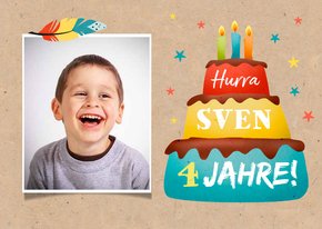 Einladungskarte Kindergeburtstag Torte und Foto 4 Jahre