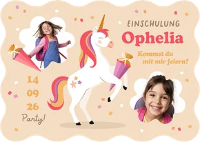 Einladungskarte Schulanfang Einhorn mit Schultüte & Fotos