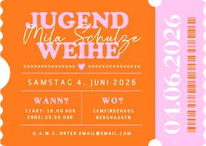 Einladungskarte Ticket Jugendweihe orange-rosa