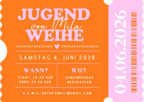Einladungskarte Ticket Jugendweihe orange-rosa