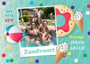 Feriengrußkarte Foto Schwimmbad, Wasserball & Eis